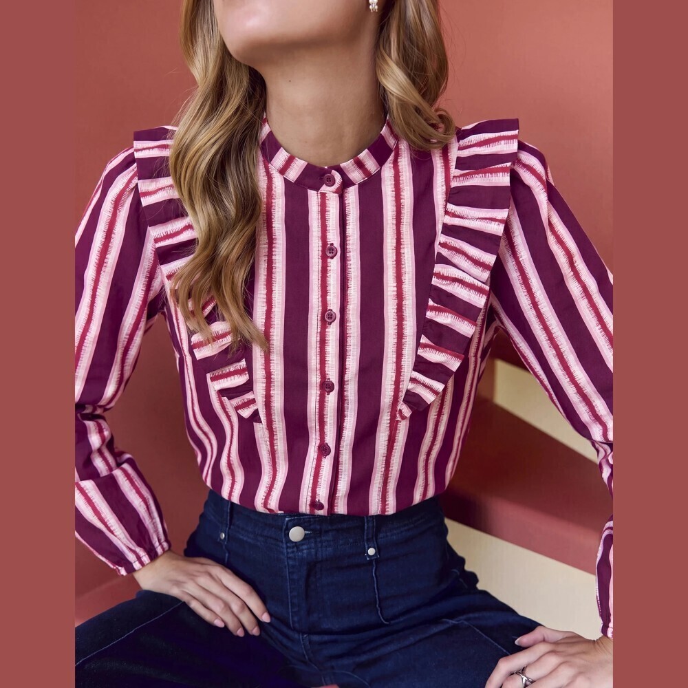 Plum Red-Purple Striped Ruffle Trim Button Front Long Sleeve Blouse